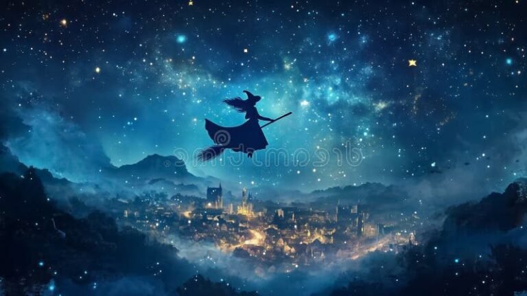 balai volant dans un ciel magique