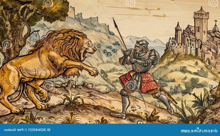 Quel est le résumé et les thèmes principaux d'Yvain, le Chevalier au Lion 24 chevalier affrontant un lion dans une foret