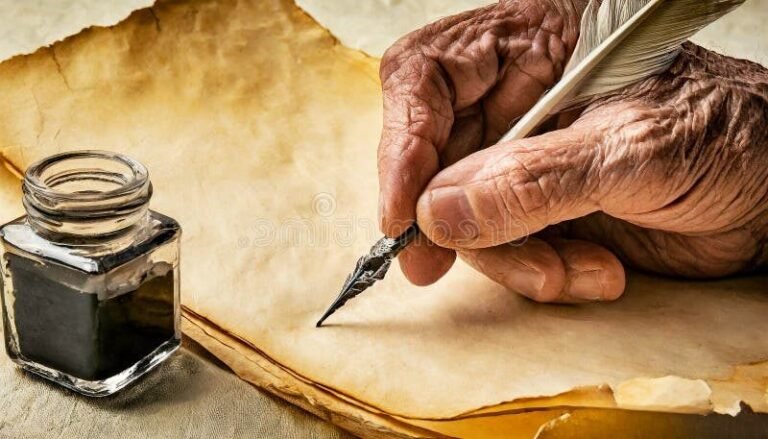 des mains tenant une plume sur du papier