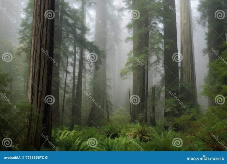 des sequoias majestueux dans la brume