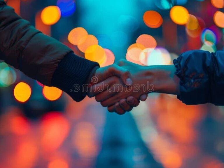 deux mains entrelacees sur un fond colore