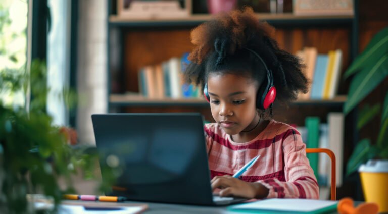 eleve etudiant a distance avec materiel scolaire