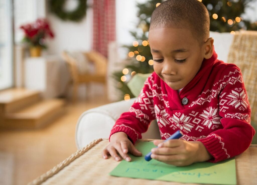 Comment créer votre propre liste au Père Noël en ligne facilement 1 enfant remplissant une lettre au pere noel