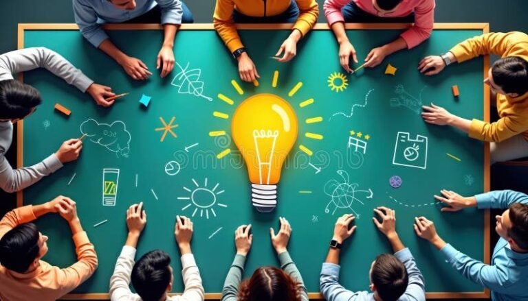 equipe collaborant sur un tableau didees