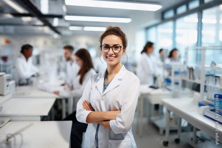 etudiante portant une blouse blanche en laboratoire