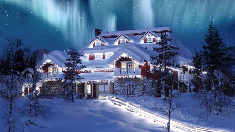 maison du pere noel sous les aurores boreales