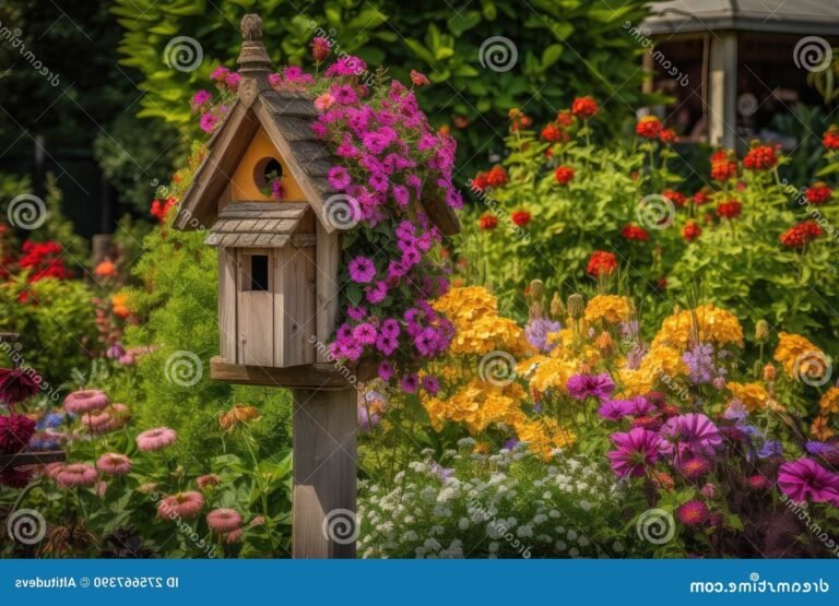 nichoirs colores dans un jardin en fleurs