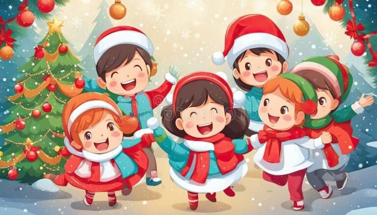 pere noel dansant entoure denfants joyeux