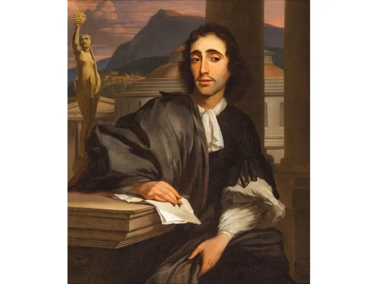 portrait de spinoza avec un fond philosophique