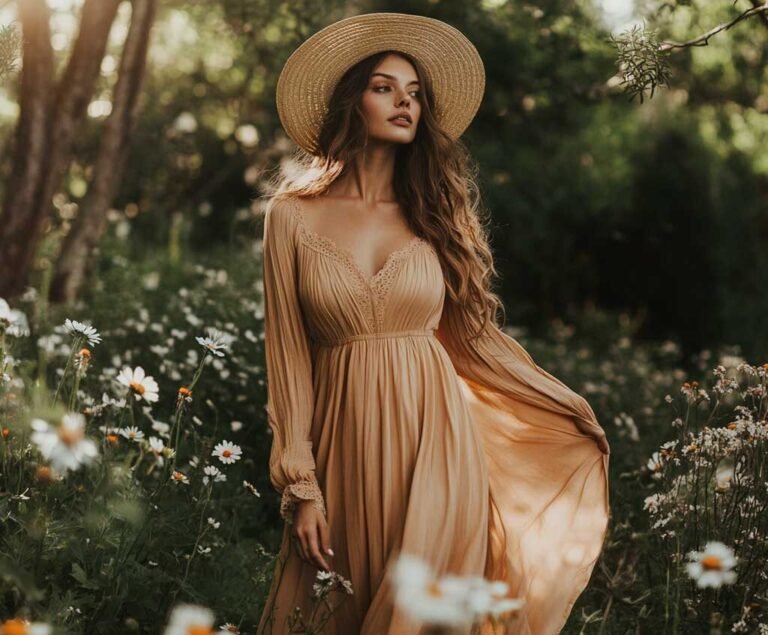 robe boheme chic dans un jardin fleuri