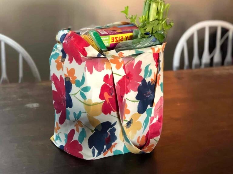 sac en tissu colore rempli de courses