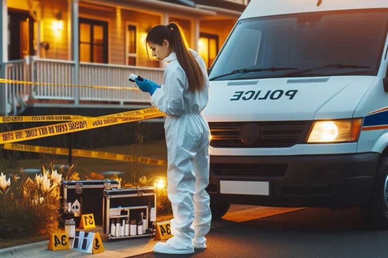 scene de crime avec enqueteurs sur place