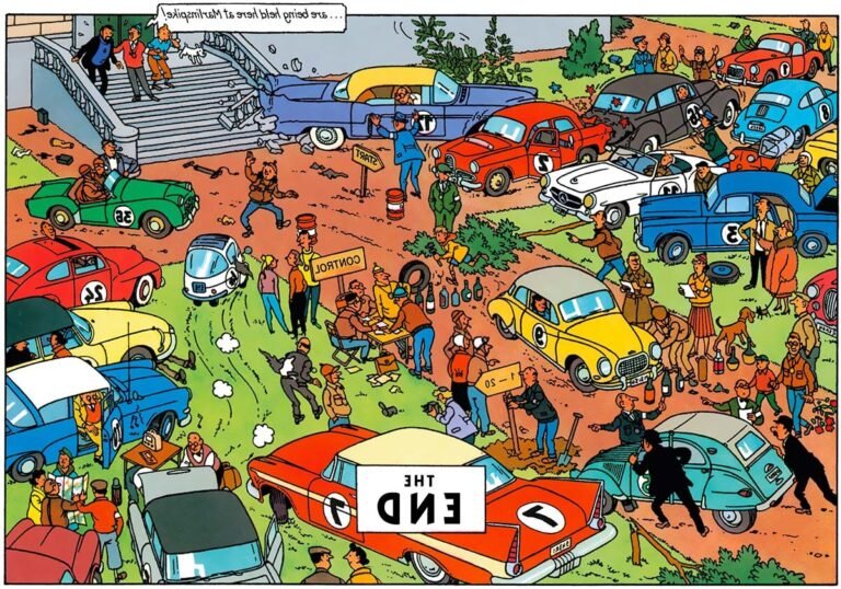 Pourquoi "Tintin au pays de l'or noir" est-il un album emblématique 7 tintin devant une voiture de course