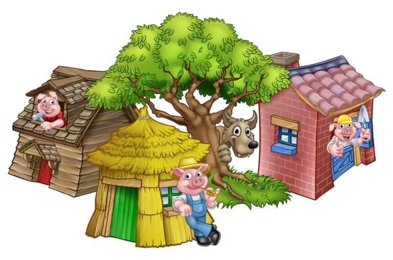 trois petits cochons construisant des maisons