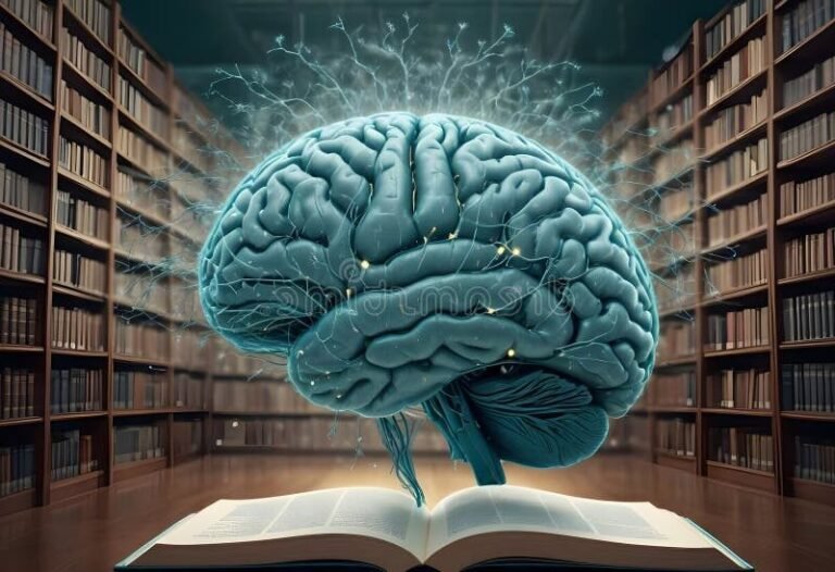 un cerveau entoure de livres ouverts