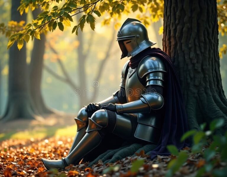 un chevalier en armure contemplatif et solitaire