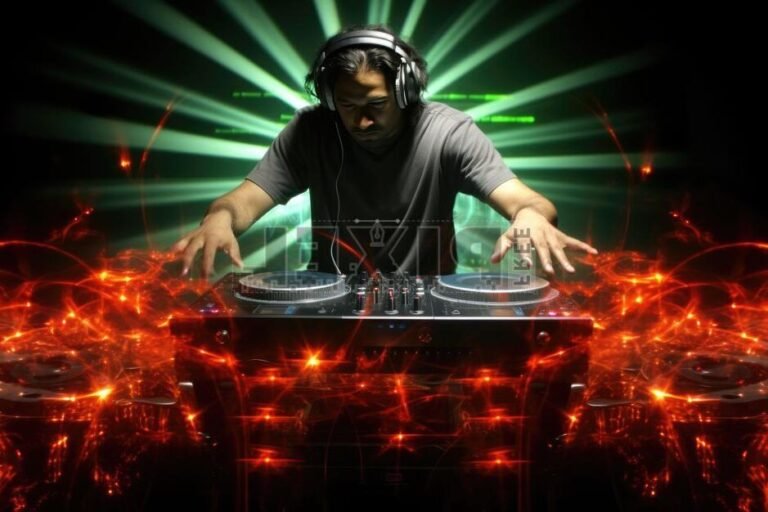 un dj en action avec platines et ecouteurs
