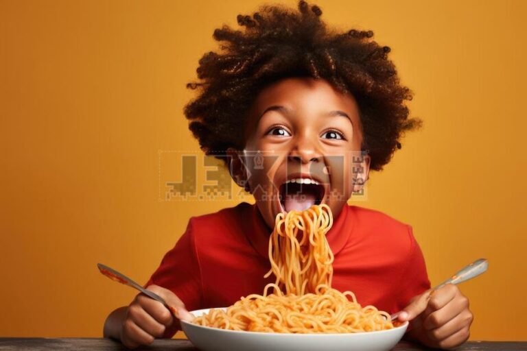 un enfant mangeant des pates joyeusement