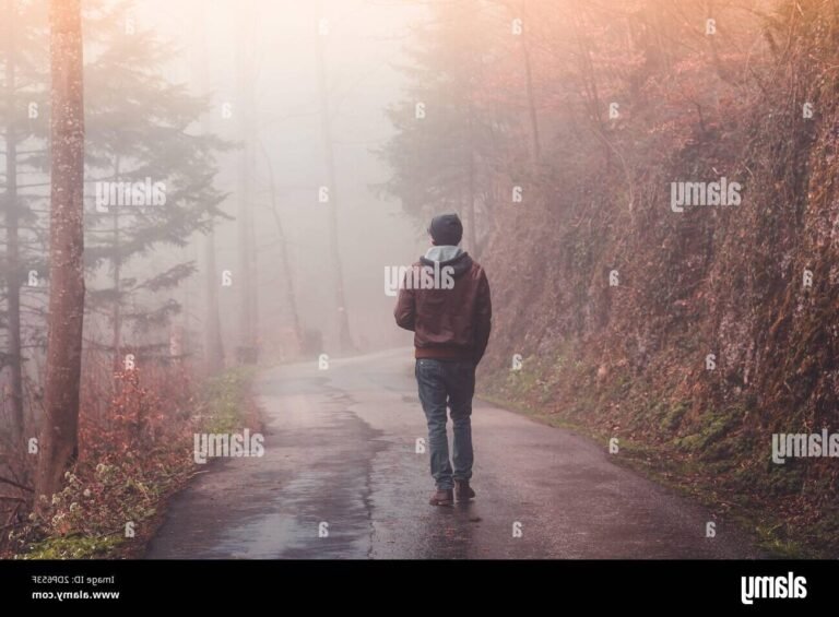 un homme marchant seul dans une foret brumeuse
