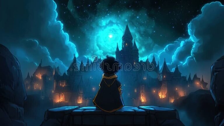 Que contient le livre "Harry Potter à l'école des sorciers" 12 un jeune sorcier devant un chateau magique