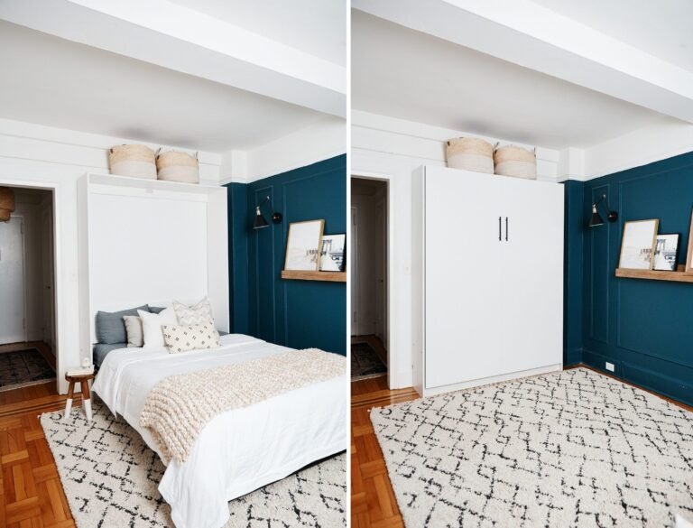 un lit escamotable dans une petite chambre