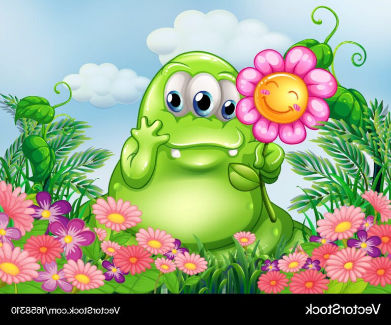 un monstre vert souriant dans un jardin