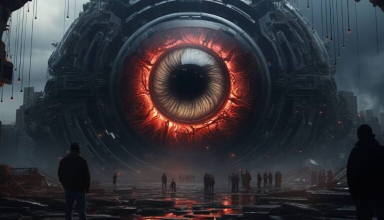 Que faut-il savoir sur "1984" de George Orwell et ses thèmes principaux 12 un oeil surveillant une ville dystopique