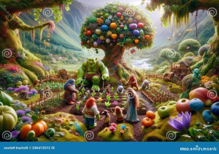 un paysage feerique avec des personnages fantastiques