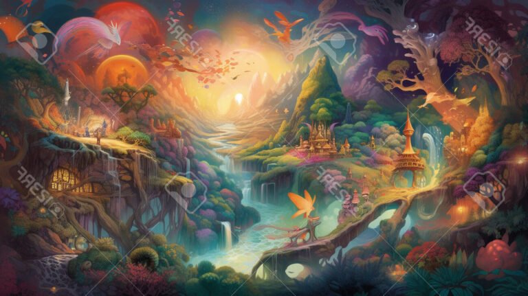 un paysage mystique avec des symboles mythologiques