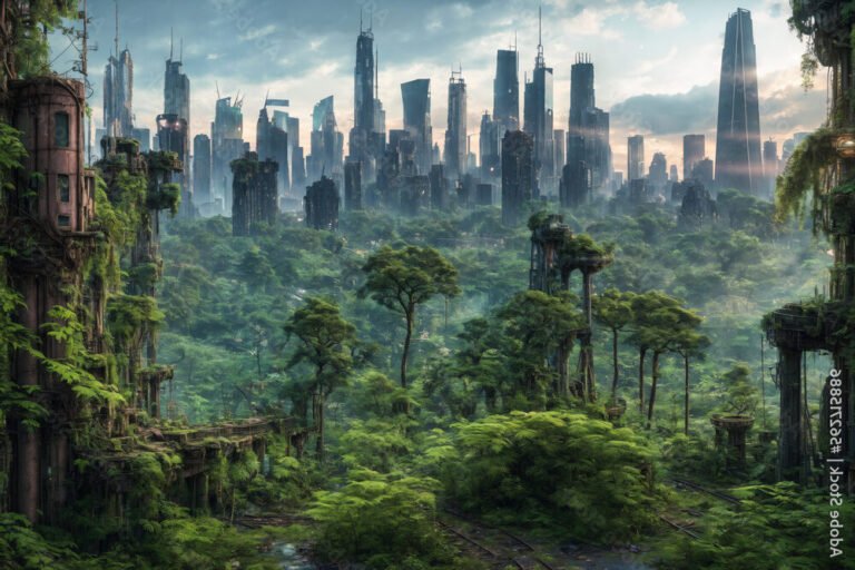 un paysage post apocalyptique rempli de vegetation