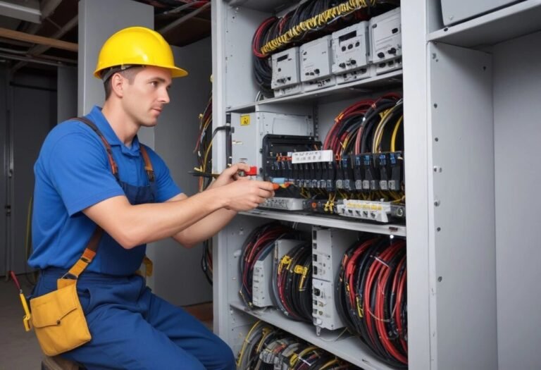 un technicien installant une ligne telephonique