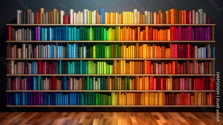 une bibliotheque avec des livres colores