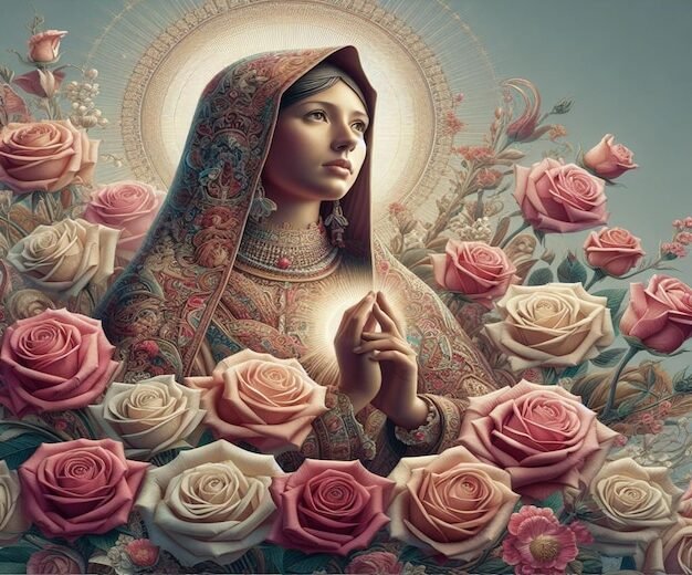 Que contient le texte de "Je vous salue Marie" 1 une femme priant avec des roses