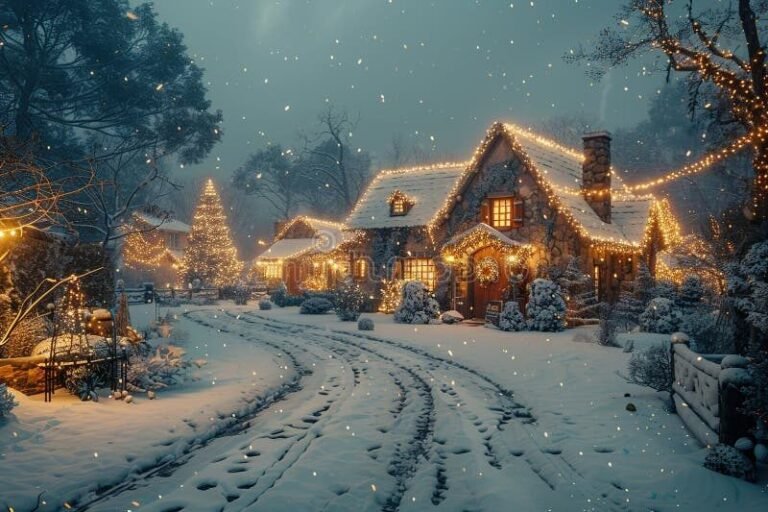 une maison enneigee avec des lumieres scintillantes