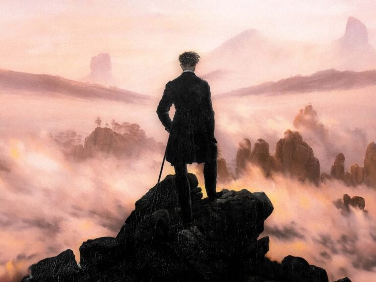 une silhouette reflechissant sur un paysage vaste