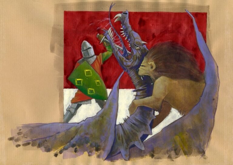 yvain affrontant un dragon dans la foret